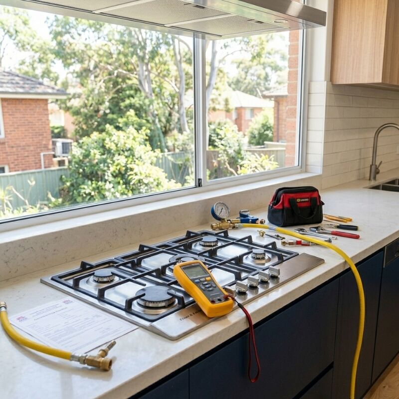 Licensed gas fitter checks new gas cooktop during Sydney kitchen renovation