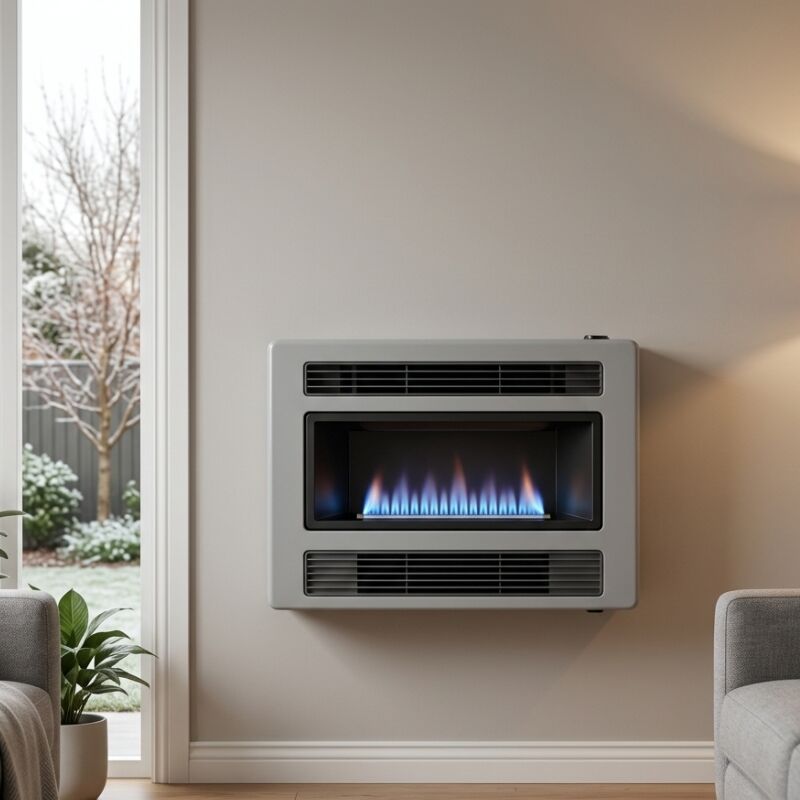 Early warning signs your gas heater needs professional attention with a wall-mounted gas heater showing a steady blue flame.